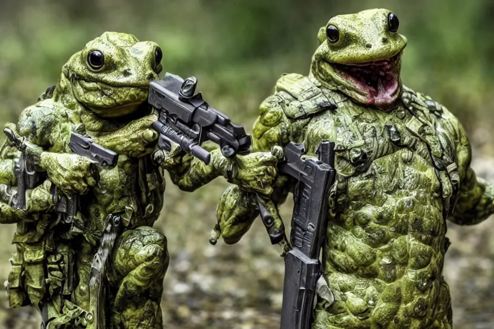 Prompt: muscular frog soldier holding a gun going to war in a swamp