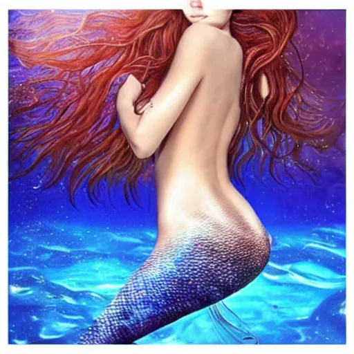 Prompt: an extremely realistic photoart of a fantastic realistic mermaid with an ultra perfect and ultra detailed wild face with beautiful, ultra detailed wild blue eyes a fantastic crown of diamons and a galaxy realistic tail, swimming in a beautiful blue ocean