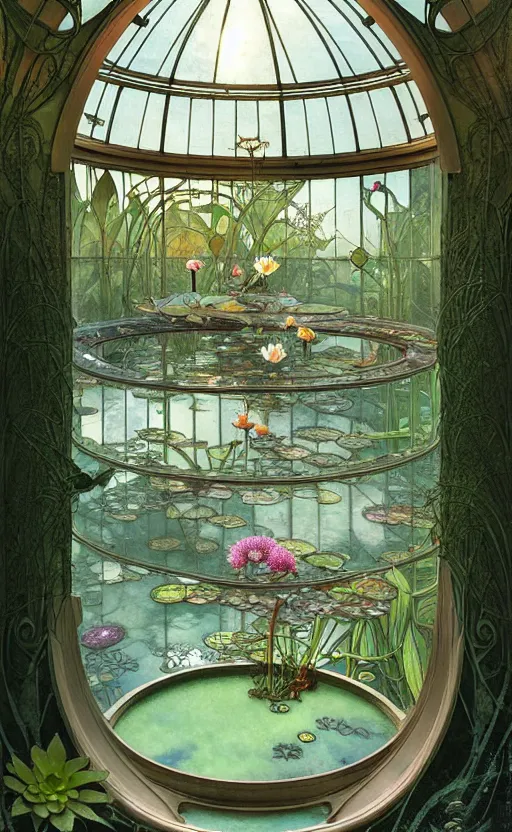 Prompt: art nouveau architecture with glass dome and glass glass walls, full of light, minature landscape inside, full of plants and a pond with water lilies by chiara bautista, beksinski and norman rockwell and greg rutkowski weta studio, and lucasfilm