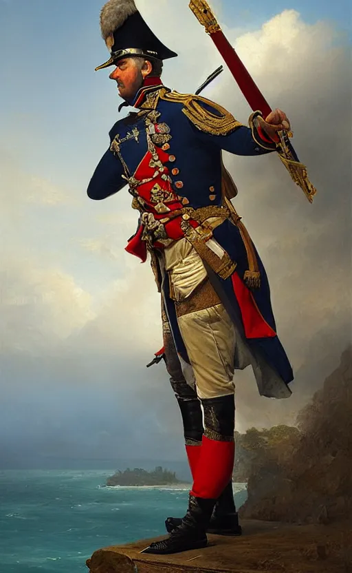 Image similar to Portrait of a napoleonic army officer overlooking a tropical island, male, detailed face, 19th century, highly detailed, cinematic lighting, digital art painting by greg rutkowski