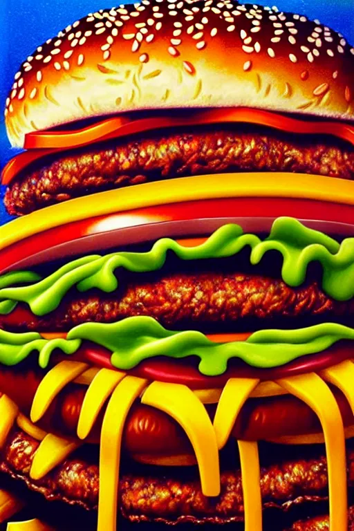 Image similar to a hyperrealistic painting of an epic boss fight ronald mcdonald ornate supreme dark overlord, gross hamburgers and fries, cinematic horror, by chris cunningham, lisa frank, richard corben, highly detailed, vivid color,