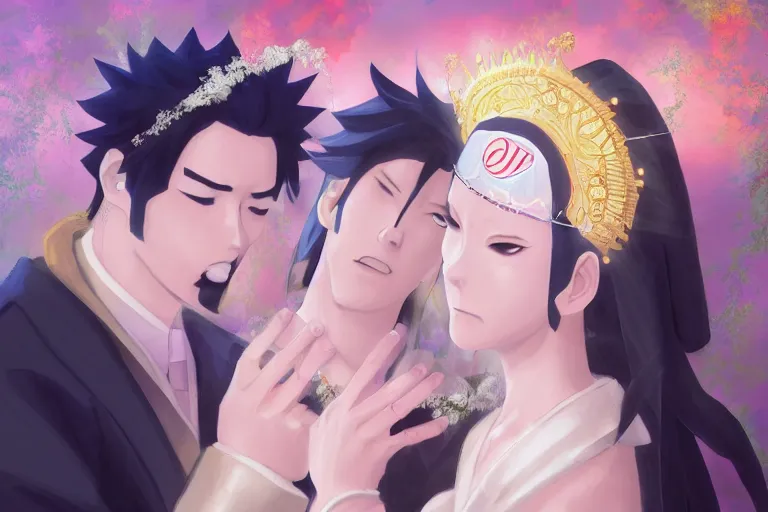 Image similar to a cinematic portrait of wedding photograph jpeg close up moment of a divine a japan sun god and moon goddess lovers magician at a wedding banquet. portraiture. digital painting. artstation. concept art. wedding photo. digital painting. naruto the movie art masterpiece by art by krenz cushart