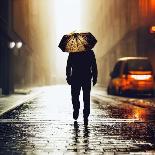 Image similar to golden man walking on a rainy street, golden hours, heat wave, 4 k photoshop