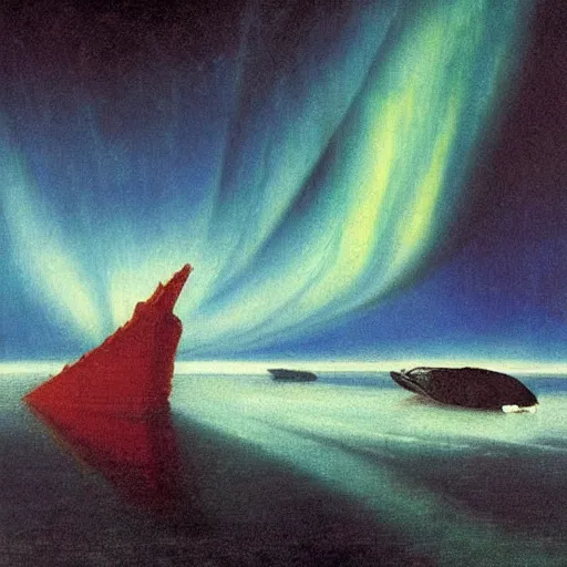 Image similar to the epic abstract painting'blue arctic void with black and red aurora borealis above a pod of humpback whales ', by caspar david friedrich!!!, by rothko!!!, stunning masterpiece, trending on artstation