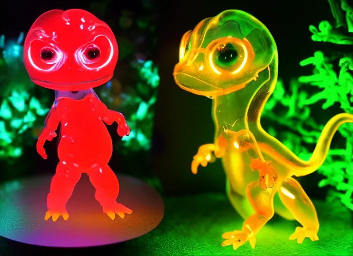 Prompt: photo of a translucent clear chibi style baby dinosaur with symmetrical head and eyes, made out of clear plastic, but has red hypercolor glowing electric energy inside its body, and electricity flowing around the body. in the forest, fantasy tron. highly detailed. intricate design by pixar