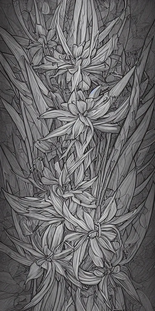 Image similar to highly detailed beautiful photography of flower, sharp focus, high contrast, dynamic lighting, elegant, harmony, beauty, masterpiece, by durero, by moebius, by josan gonzalez, pencil draw