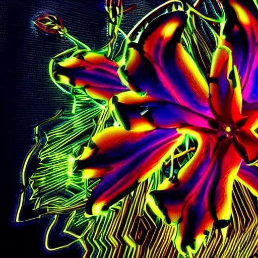 Image similar to a cybertronic, metallic, glowing tiger lily flower, high detail