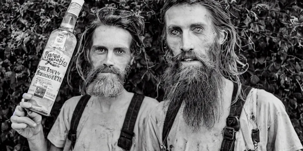 Image similar to extremely skinny malnourished redneck white male with long beard, wearing dirty overalls, dirty greasy face, grin, portrait, close up, he is proudly holding a jug of whiskey, kodak gold 2 0 0, 5 0 mm