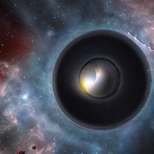 Image similar to photorealistic spacecraft, blackhole in background