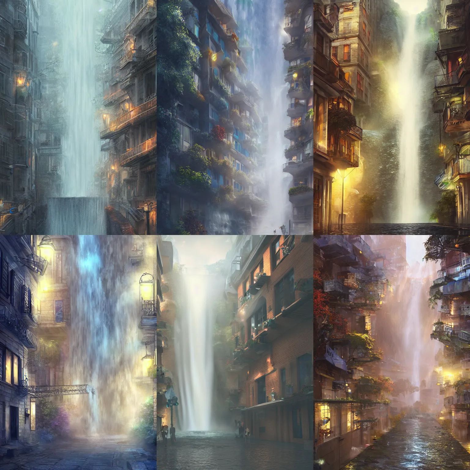 Prompt: waterfall cascading down buildings on to street below, soft lighting,, misty, trending on art station fantasy art, global illumination, radiant light, detailed and intricate environment