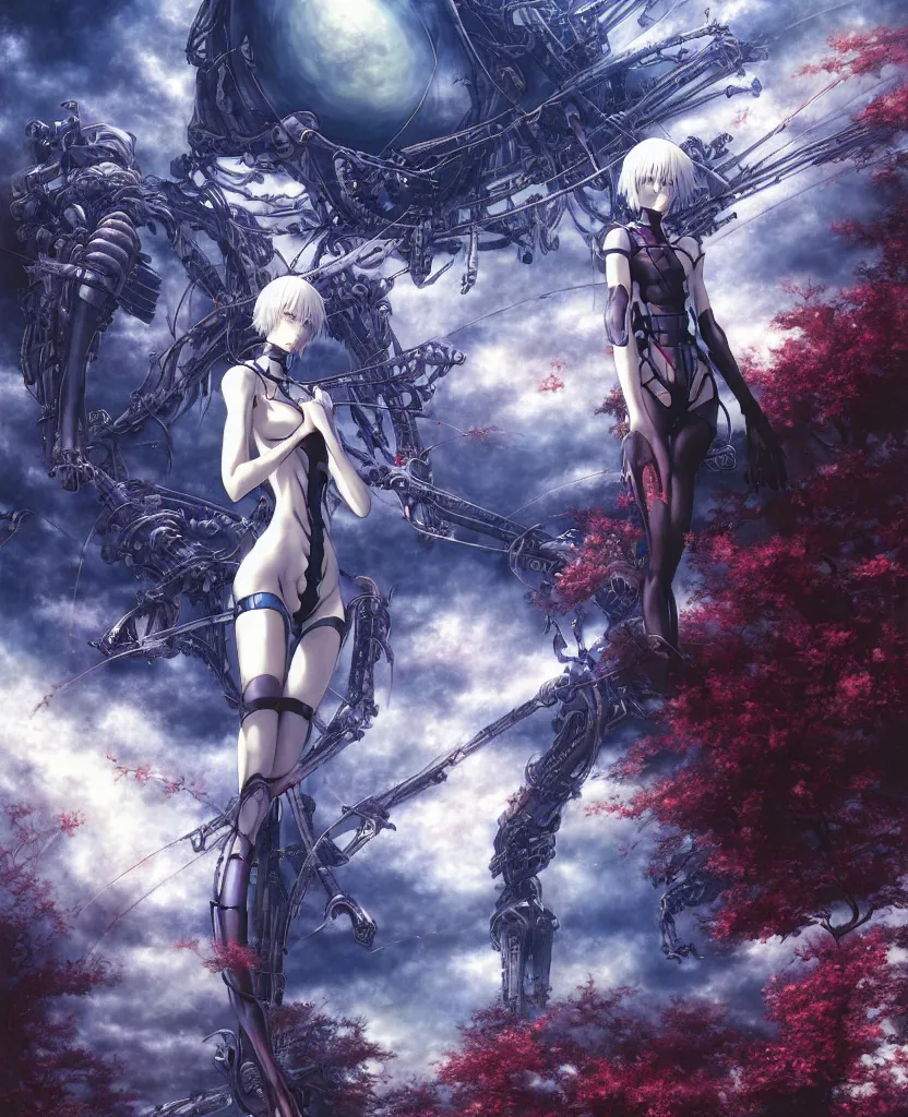 Image similar to realistic digital illustration of fantasy science fiction landscape, rei ayanami, depth perception, depth of field, high resolution, action horror, gothic, rich deep colors. by yoshitaka amano, by yukito kishiro, by yoshiyuki sadamoto, masterpiece