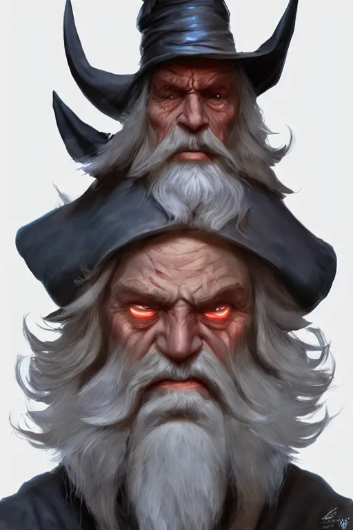 Image similar to old man looks like wizard sorcerer magician warlock spell-caster, fire particles, darkness, diablo digital concept art, artwork by Tyler Edlin + Simon Bisley, artstation, very detailed facial structure, long beard, 8k