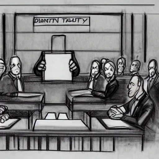 Image similar to court room sketch of thanos explaining his plans to the jury with a diagram of the infinity gauntlet.