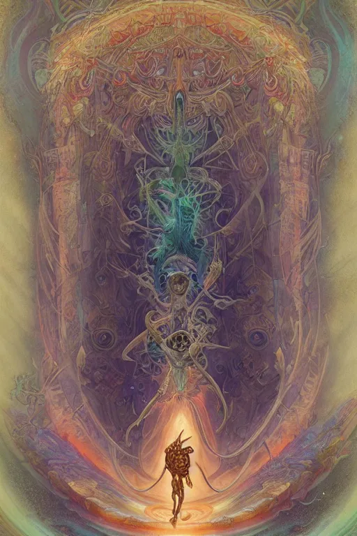 Image similar to god of portals, tarot card, fantasy drawing made of fractals, ultra realistic, wide angle, art nouveau, intricate details, rainbowshift, vivid colors, highly detailed by peter mohrbacher, wayne barlowe, maxfield parrish, aaron horkey, gaston bussiere, craig mullins