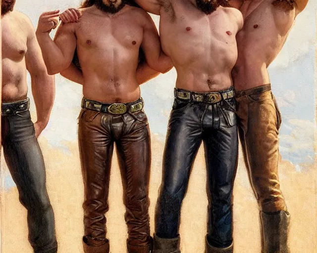 Prompt: a homoerotic symmetrical painting by tom of finland, clyde aspevig, greg rutkowski, gaston bussiere, j. c. leyendecker of attractive hairy gunslinger and handsome cowboy, they are in love standing back to back | bandoliers, shirtless, leather pants | natural lighting, path traced, highly detailed, high quality, trending on artstation