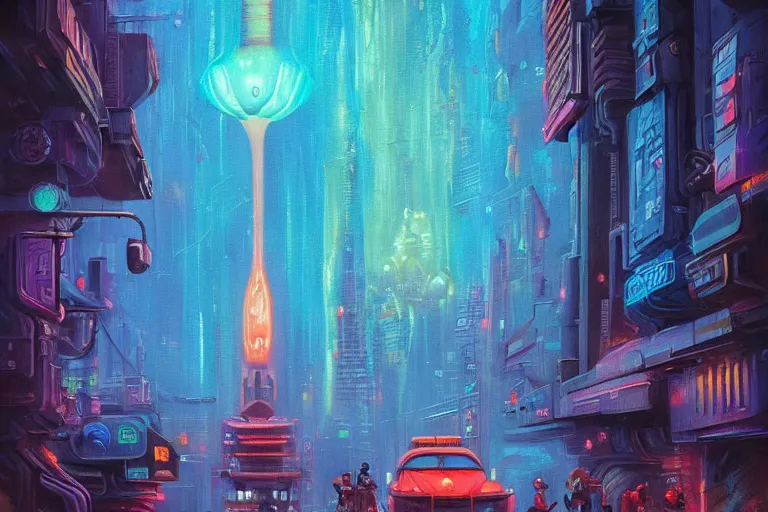 Image similar to disney pixar, in the style of johan grenier and john picacio and alan m. clark, trending on artstation, bioluminescence tilt - shift blade runner 2 0 4 9, crayon art, futuresynth, splash art, post - minimalism