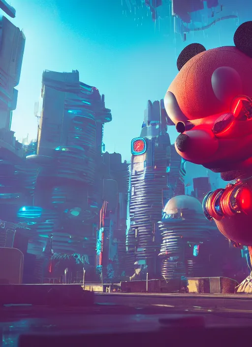 Prompt: giant destroyed cyberpunk mickey mouse head in netflix office, by beeple, golden ratio, cyberpunk, futuristic, sci - fi, octane render, unreal engine 5, trending on artstation, 8 k