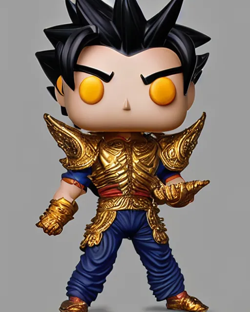 Image similar to Highly detailed Funko pop of Son Goku in black gold intricate and ornate armor, unreal engine, fantasy art by Greg Rutkowski, Loish, Rhads, Makoto Shinkai and Lois van baarle, ilya kuvshinov, rossdraws global illumination, radiant light, detailed and intricate environment