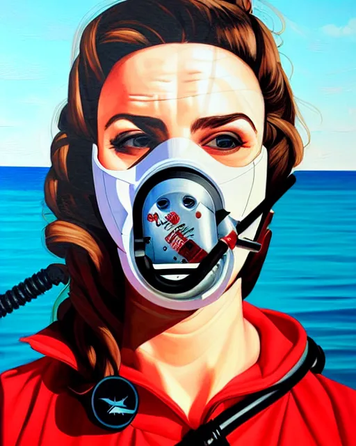 Image similar to portrait of a spy wearing oxygen mask with a harpoon with sea background with horror side profile by Sandra Chevrier