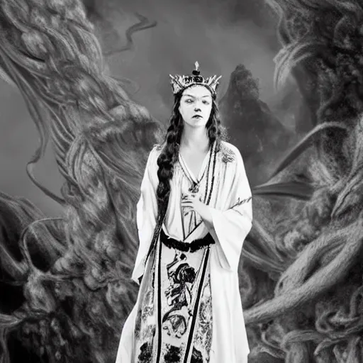 Prompt: black and white pen and ink!!!!!!! Suprani!!!!! wizard beautiful long hair Anya Taylor-Joy wearing High Royal flower print robes flaming!!!! final form flowing ritual royal!!! Contemplative stance Vagabond!!!!!!!! floating magic swordsman!!!! glides through a beautiful!!!!!!! Camellia!!!! Tsubaki!!! death-flower!!!! battlefield behind!!!! dramatic esoteric!!!!!! Long hair flowing dancing illustrated in high detail!!!!!!!! by Hiroya Oku!!!!!!!!! graphic novel published on 2049 award winning!!!! full body portrait!!!!! action exposition manga panel black and white Shonen Jump issue by David Lynch eraserhead and beautiful line art Hirohiko Araki!! Frank Miller, Kentaro Miura!, Jojo's Bizzare Adventure!!!! 3 sequential art golden ratio technical perspective panels horizontal per page