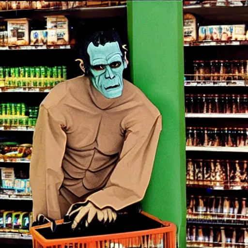 Image similar to foto of frankenstein in the grocery store, restored color, 4 k