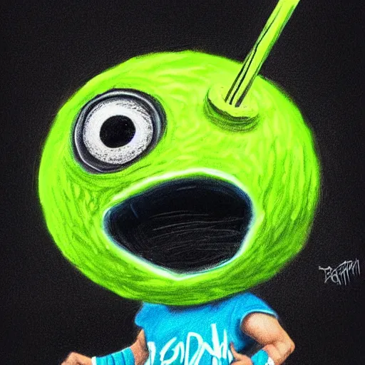 Image similar to a eminem slim shady tennis ball monster, tennis ball, lightning, chalk, digital art, fantasy, magic, trending on artstation, ultra detailed, professional illustration by Basil Gogos