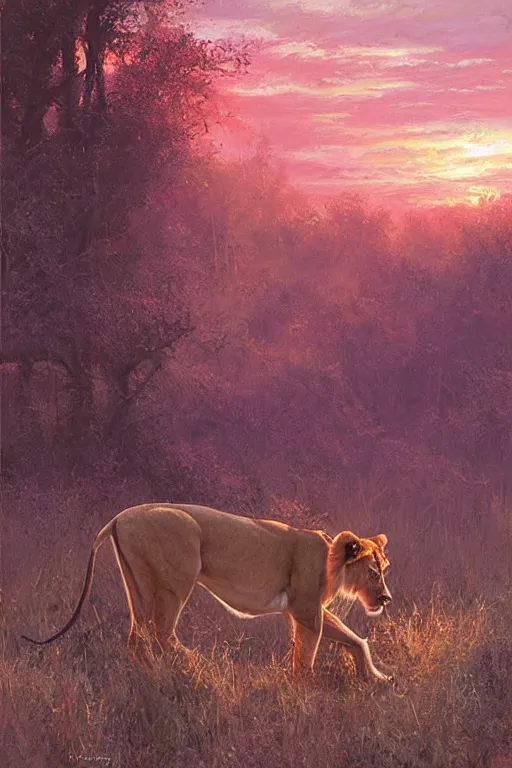 Prompt: spiritual twin flame lioness hunting deer art, pink sunset hue, highly detailed, oil painting hue, by craig mullins