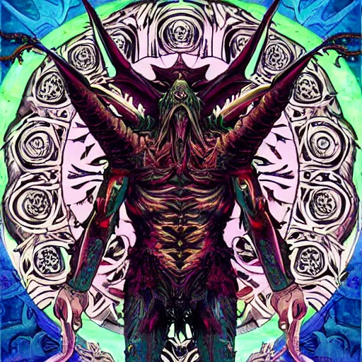 Prompt: 4 k headshot of godlike cthulhu with defined arms and open hands and bloody clothes with giant mandala wings, intricate face, flawless anime cel animation by kentaro miura, psychedelic, highly detailed upper body, professionally post - processed, beautiful, scary, symmetry accurate features, epic, octane rendered, anime masterpiece, accurate