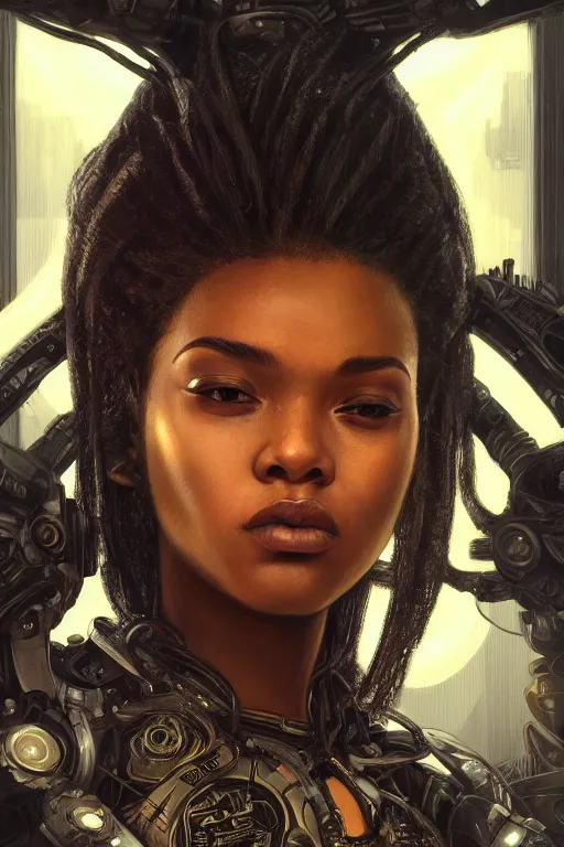 Image similar to ultra realistic illustration, closeup headshot 3 5 mm, black woman, hacknaut cyberpunk, sci - fi, fantasy, intricate, elegant, highly detailed, digital painting, artstation, concept art, smooth, sharp focus, illustration, art by artgerm and greg rutkowski and alphonse mucha