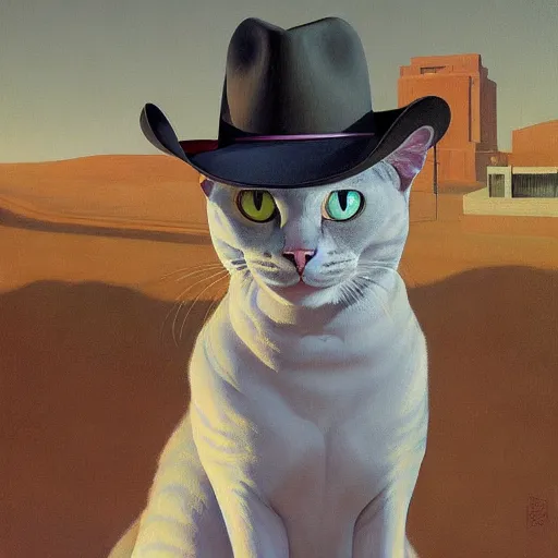Image similar to Portrait of a cat with cowboy hat, very coherent, painted by Edward Hopper, Wayne Barlowe, painted by James Gilleard, airbrush, art by JamesJean