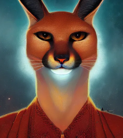 Prompt: closeup portrait of anthropomorphic caracal in vr in golden clothes in orthodox church, darkness noir surrealistic, art by loish, rhads, ferdinand knab, lois van baarle, rossdraws, tom bagshaw, global illumination, radiant light, highly detailed, octane render, 8 k