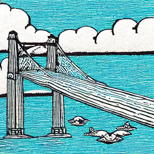 Prompt: small steel suspension bridge built in 1 9 2 8, side view, puffy clouds in background, seagulls floating in the sky, woodcut style, rubber stamp, 8 k