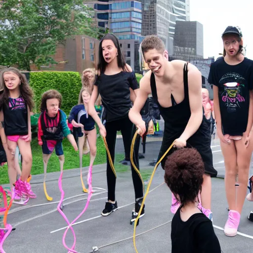 Prompt: pete davidson playing jump rope with a bunch of small girls, cheering him on, pete davidson is wearing all black