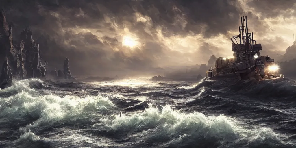 Image similar to scifi barge in turbulent waters in rocky coast, hyper realistic, highly detailed, digital art, apocalyptic, intimidating lighting, raytracing, sharp focus, smooth, romanticism