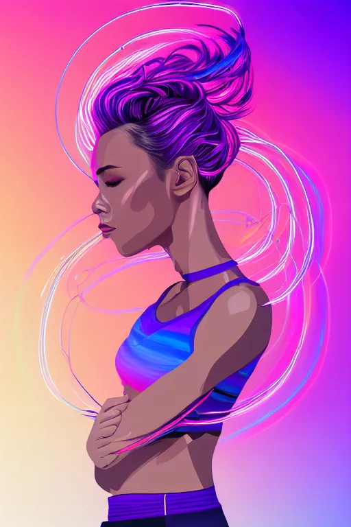 Image similar to a award winning half body portrait of a beautiful woman in a croptop and cargo pants with ombre purple pink teal hairstyle surrounded by whirling illuminated lines, outrun, vaporware, shaded flat illustration, digital art, trending on artstation, highly detailed, fine detail, intricate