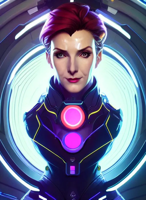 Image similar to symmetry portrait of moira from overwatch, sci - fi, tech wear, glowing lights intricate, elegant, highly detailed, digital painting, artstation, concept art, smooth, sharp focus, illustration, art by artgerm and greg rutkowski and alphonse mucha