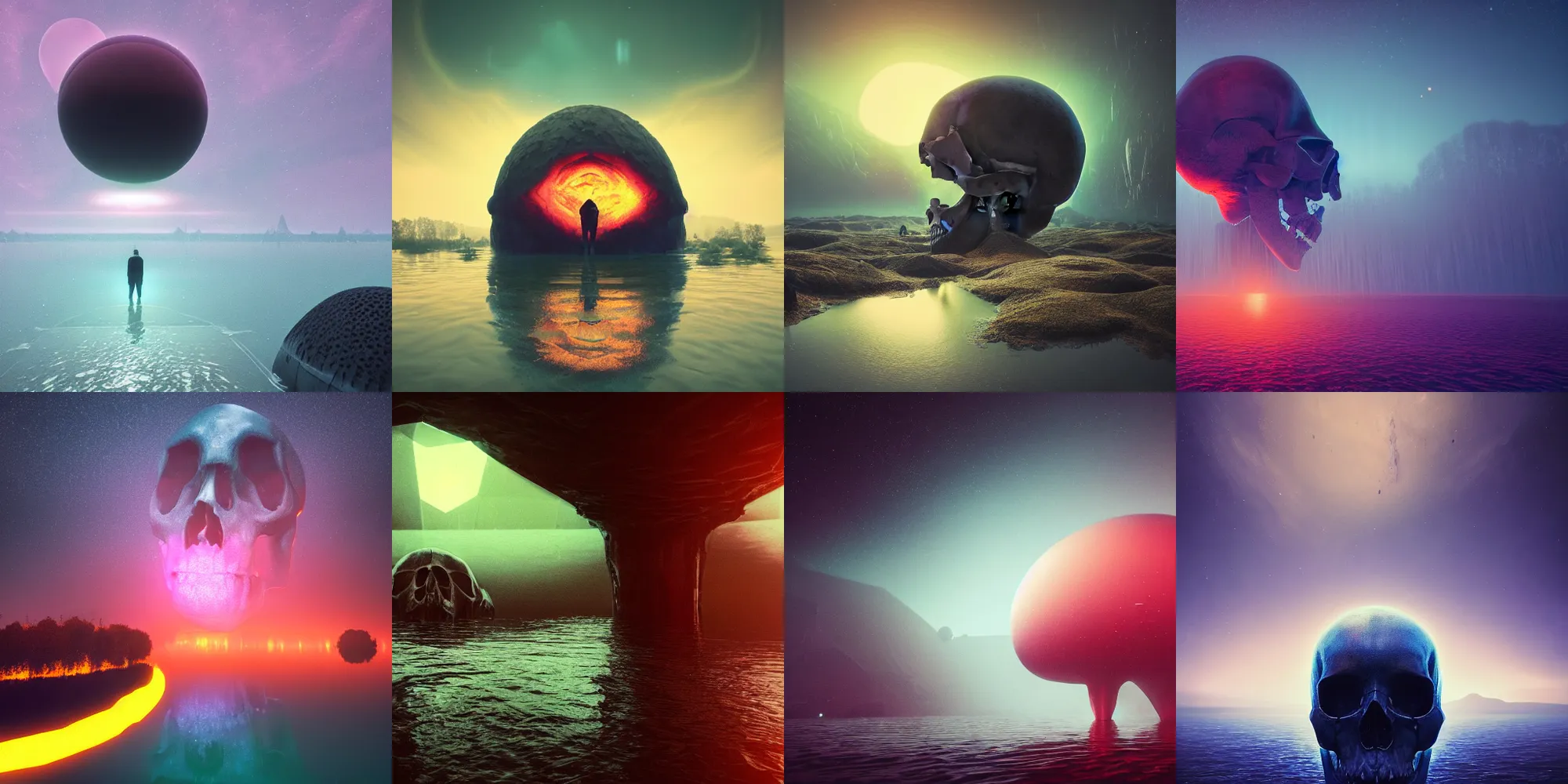 Prompt: beautiful dark flooded landscape, giant human skull in the color of the universe, in the style of beeple and Mike Winkelmann, photo real, ultra realistic, intricate, epic lighting, 8k resolution, unreal engine 5, ultraviolet colors,