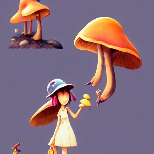 Image similar to goro fujita ilustration a cheerful girl collecting mushrooms in the forest, characterized by masamune shirow and bagshaw tom, character art, sharp focus, highly detailed, artstation