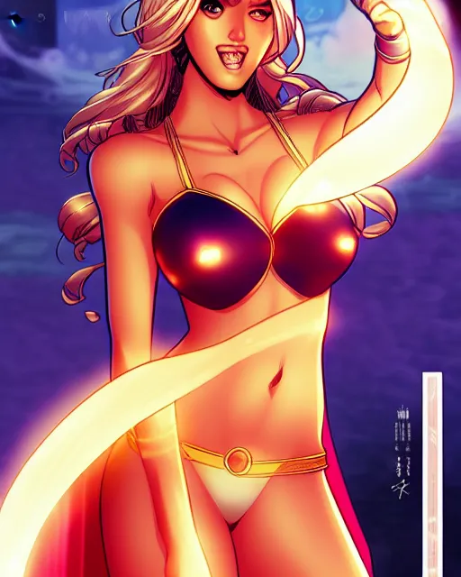 Prompt: sakimi chan comicbook cover art, jessica alba as aphrodite ix