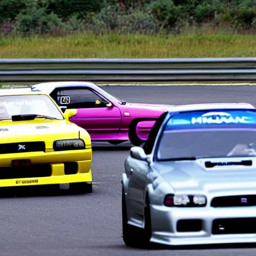 Image similar to drag race photo finish between a nissan skyline r34 and a dinosaur