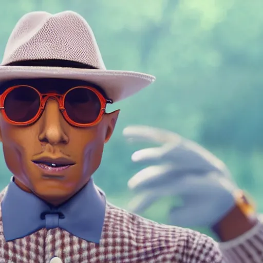 Image similar to cinematic film still of Pharrell Williams Making A Beat with an anthropomorphic alien, Japanese VFX, 2018, 400mm lens, f1.8, shallow depth of field,film photography