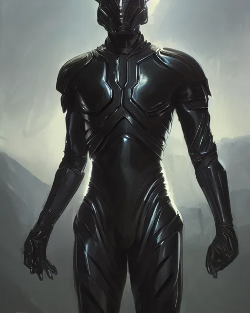 Prompt: iridescent sinewy smooth muscular male sleek glossy black pearlescent scifi armor with smooth black featureless helmet, by greg rutkowski, mark brookes, jim burns, magali villeneuve, trending on artstation