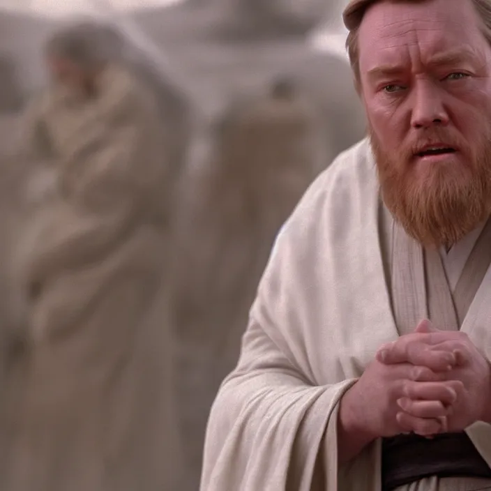 Prompt: obi wan kenobi but obese!!, photoralistic rendering, movie still, screenshot, hyperdetailed