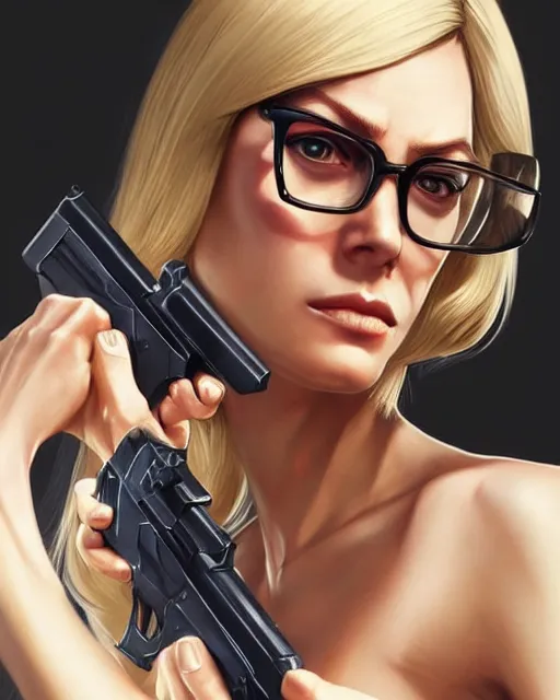 Prompt: a thin blonde lady with glasses holding a gun, gta 5 cover art, real life skin, intricate, highly detailed, artstation, concept art, smooth, sharp focus, art by artgerm and greg rutkowski