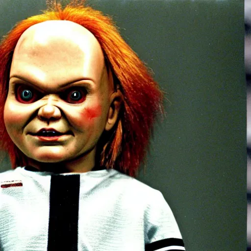 Image similar to chucky the killer doll testifying in court