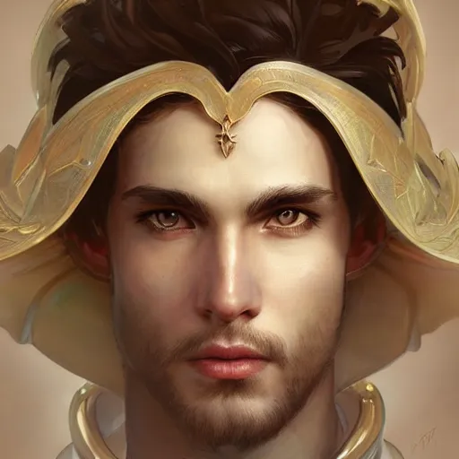 Image similar to Three quarters portrait of a male angelic paladin, highly detailed, digital painting, art by Stanley Lau and Artgerm and Greg Rutkowski and Alphonse Mucha, artstation, octane render, cgsociety