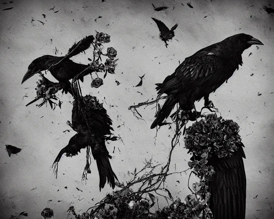 Prompt: crow's feather falling from the sky, roses climb up the skull on crucifix, graveyard in the darkness