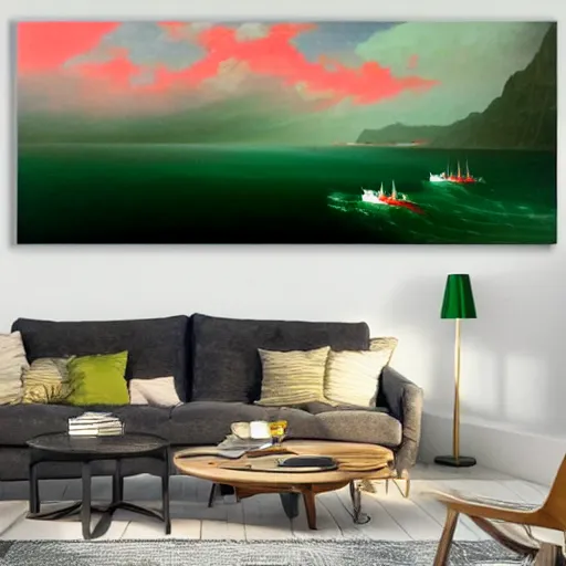Prompt: minimalist symmetrical red clouds and green ocean in iceland fjord with sailboat painting by ivan aivazovsky