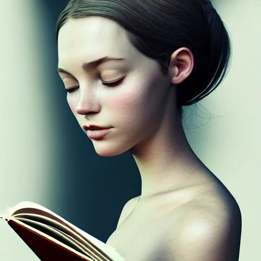 Image similar to portrait of an absurdly beautiful girl reading a book, graceful, sophisticated, hyperdetailed illustration by irakli nadar, maria borges, matt wisniewski style, intricate linework, unreal engine 5 highly rendered, global illumination, detailed and intricate environment