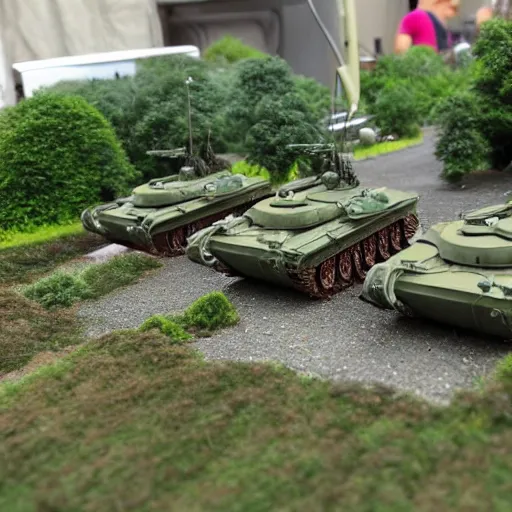 Image similar to 1/35 scale model tanks sieging a tiny city in a garden, 8k, award winning photo, scale model photography,